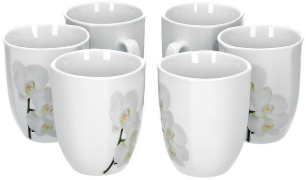 van Well Becher 6er Set Kaffeebecher Vanda weiße Orchidee 33cl, Porzellan