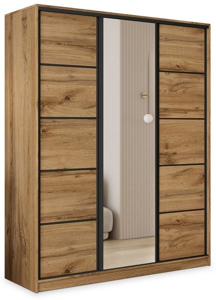 Masseno Schwebetürenschrank PINA 150 cm Kleiderschrank mit Spiegel 3 Türen Eiche Wotan