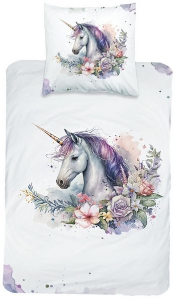 MTOnlinehandel Bettwäsche Magische Tierwelt Satin in 135x200 cm, 100% Baumwolle, 2 teilig, Wendebettwäsche in Aquarelloptik, Einhorn, lila