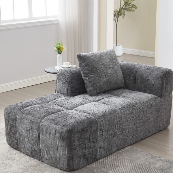 Chaiselongue-Sofa aus Chenille mit Seitentaschen & Kissen, 158 x 90 x 60 cm, Grau