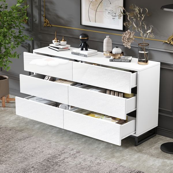 Sideboard 140x39,5x78,5 cm Weiß mit 6 Schubladen, Hochglanzfront, Metallfüße, großer Stauraum, symmetrisches Design