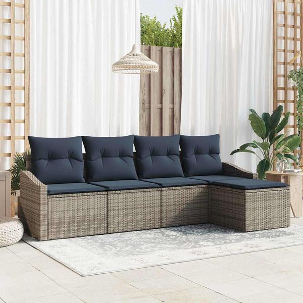 vidaXL Sofa Set mit Kissen 5 pcs Grau und Marineblau Poly-Rattan 3355354