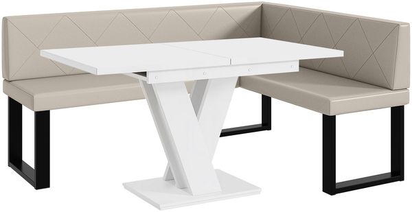 MEBLINI Eckbank für Esszimmer mit ausziehbarem Tisch - Küchenbank - Essecke - Sitzecke Küche - ERIC - U-Beine 128x168x87cm Rechts - Beige Kunstleder/M Weiß Matt