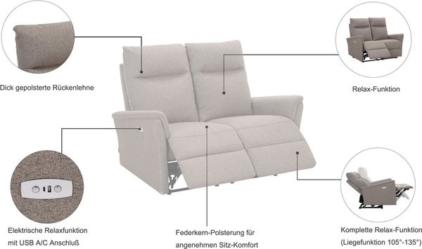 Home affaire 2-Sitzer FINNARA,2-Sitzer,elelektrische Relaxfunktion in 2 Sitzen, USB A/C, Liegefunktion 105°-135°, Federkern Bild 3