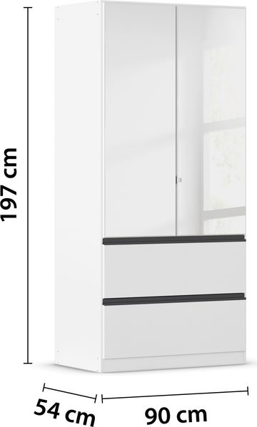 rauch Kleiderschrank, Drehtürenschrank COSTA, 2-türig, 2 Spiegeltüren, 2 Schubkästen, Alpinweiß, 91 x 197 x 54 cm Bild 4