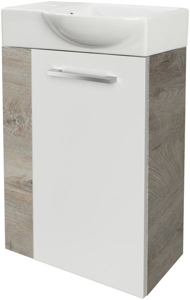 FACKELMANN SBC STANFORD Gäste WC Waschtisch Set 45 cm breit, Weiß/Braun hell, Waschbecken Keramik Weiß, Türanschlag rechts