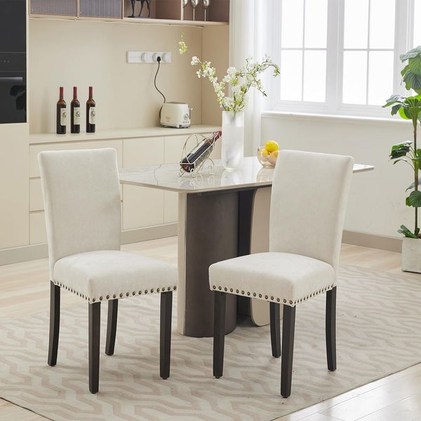 GarveeHome 2er-Set Esszimmerstuhl Mit Leinen, Esszimmerstühle Mit Dicken Kissen Und Rückenlehnen, Stühle Mit Ziernieten, Für Esszimmer Und Wohnzimmer, 46 x 58 x 94 cm
