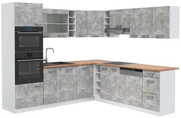Eckküche R-Line Beton/Weiß 247 x 60 cm , AP Eiche Vicco