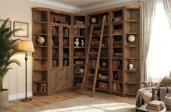 OTTO home Bibliothek Soeren - 7-tlg. Set: mit 1 Regal B 80 cm, 1 Regal B 40 cm, 1 Eckregal, Set 7-tlg, Inkl. 1 Vitrine,2 gerundeten Abschlussregalen und 1 Holzleiter,H220 cm
