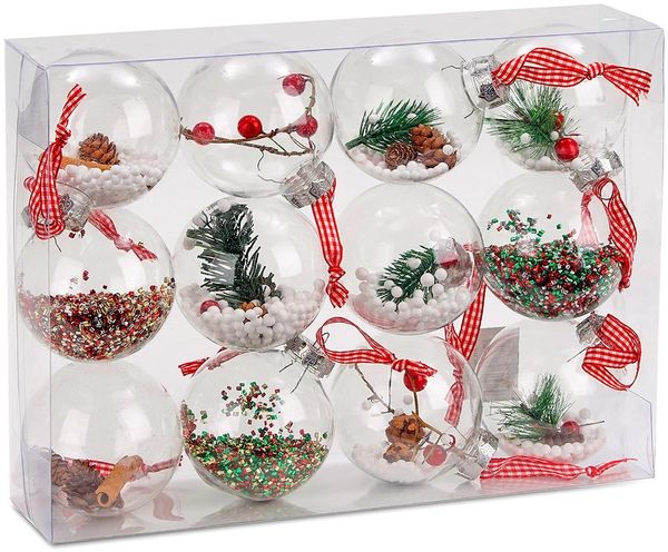 BRUBAKER Weihnachtsbaumkugel Christbaumkugel Set aus Acryl (12 St), Baumkugel Set mit Juteaufhängern, befüllte Weihnachtskugeln