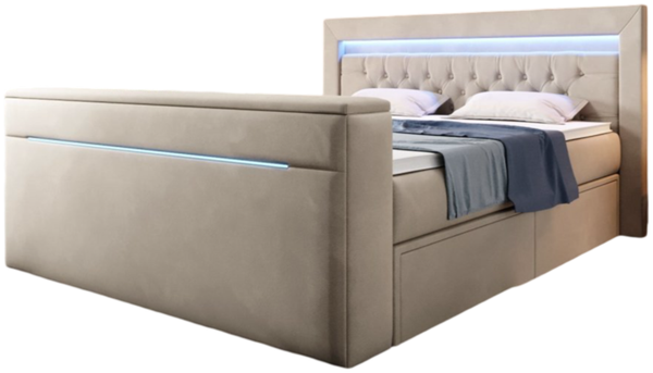 Boxspringbett Jupiter mit TV Lift, RGB und Stauraum 140x200 Beige H4 (100kg+)