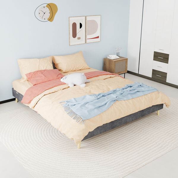 Bett 160x200 cm ohne Matratze, graues Polsterbett mit Dutch-Velours, niedriger Rahmen