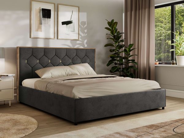 Polsterbett mit Bettkasten LARINO CLASSIC 160 x 200 cm Lattenrost und Gasdruckfedern, stabiles Bettgestell, modernes Design Foam Matratze - Dunkelgrau Velvet - MIRO LUX