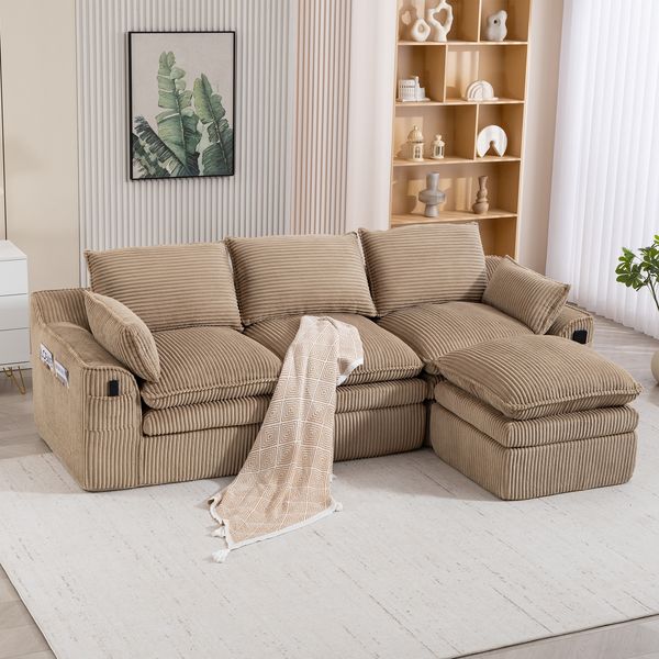 Modulares 3-Sitzer Sofa mit Hocker, B 263 x T 167 x H 85 cm, aus Cord in Khaki