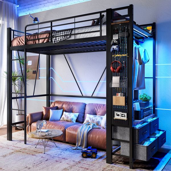 Hochbett, Eisenrahmen, Trockenstab, Einlegeböden, 4 Schubladen, USB+TYPE-C Steckdose, LED-Leiste, Geländer, Trittleiter, Lochbrett, ohne Matratze, Metall, Schwarz, 90 x 200 cm