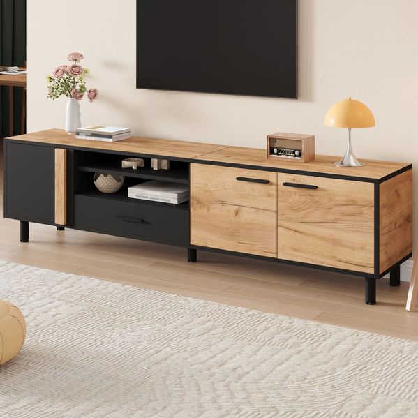 TV-Schrank 180 x 32,5 x 50 cm mit 3 Türen, 1 Schublade und offenem Fach – Lowboard in Schwarz und Holzoptik