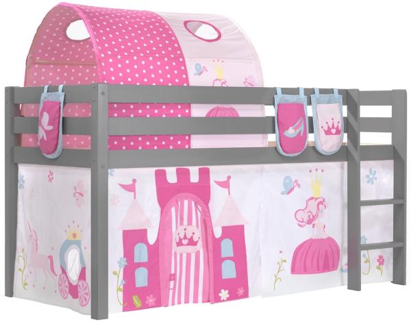 Vipack Spielbett 'Pino' grau, mit Textilset Vorhang, Tunnel und 3 Taschen 'Princes'