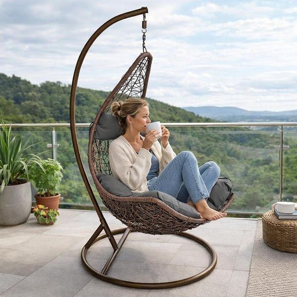 ESTEXO Sessel Hängesessel Polyrattan Hängekorb mit Gestell Hängestuhl Hängeschauke