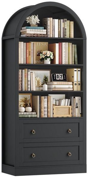 Homfa Bücherregal gewölbter Bücherschrank mit 2 Schubladen, Standregal mit 8 offenen Fächern Büroregal Holz 177x79,5x36cm
