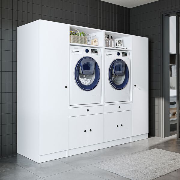 Roomart Waschmaschinenumbauschrank & Schrankwand für Waschküche - SERIE 1 - | 224 cm breit | Waschmaschine & Trockner | Mit Ausziehbrett | Hauswirtschaftsraum Möbel • Weiß