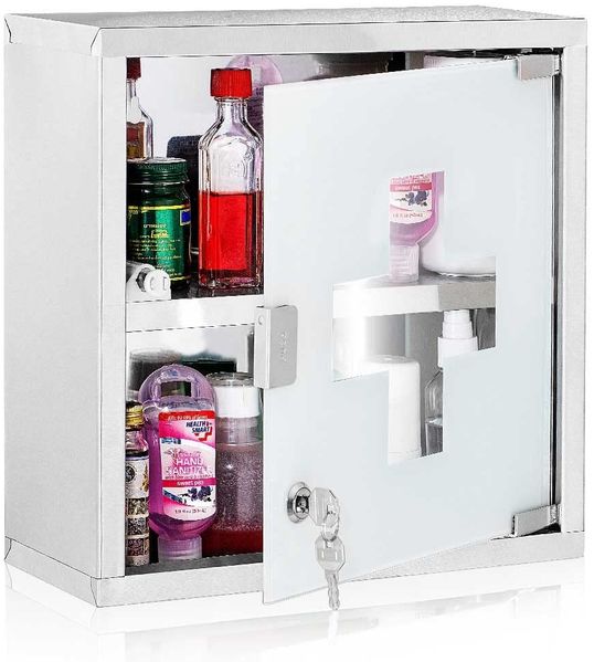 BAKAJI Medizinschrank extra tief aus Edelstahl 30 x 12 x 30 cm mit 1 Fächern und Glas-Tür zum Abschließen mit 2 Schlüsseln für kindersichere Medikamenten-Lagerung, Silber