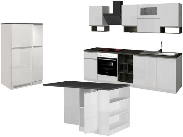 Dmora Vollständige Küche Balme, Set mit Speisekammer, Küchenzeile Schrank, Blockbausatz mit Insel und Kühlschrankträger, 100 % Made in Italy, glänzendes Weiß und Schiefer