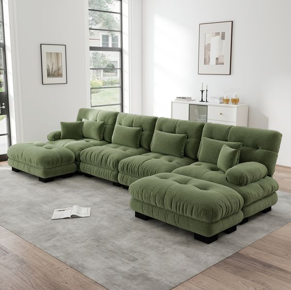 Ecksofa U-Form 81cm×406cm×145cm mit beweglichen Ottomans – modulares Sofa aus Chenille in Grün