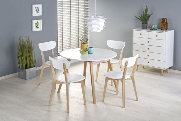 designimpex Esstisch Design HAR-111 Tisch Weiß matt - Honigeiche rund ausziehbar 102-142cm