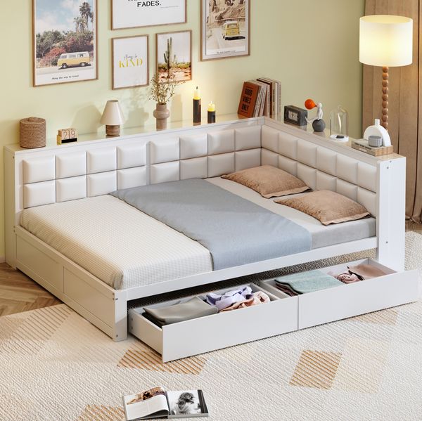 Schlafsofa Weiß 140x200 Ergonomische Rückenlehne Schubladen Stauraum Massivkiefer 150kg Tragkraft Doppelbett Gästebett