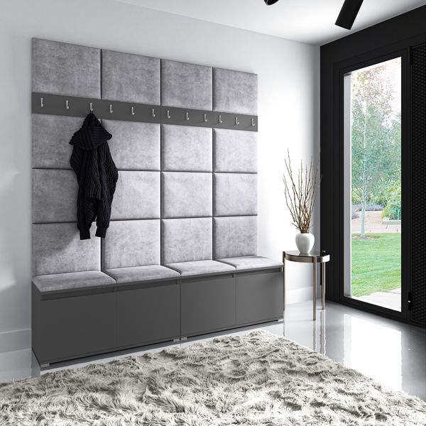 Großes Garderoben-Set Hello mit Schuhregal und Polsterplatten in Graphit (Trinity 14), Ideal für Flur und Eingangsbereich, 225 x 40 x 200 cm
