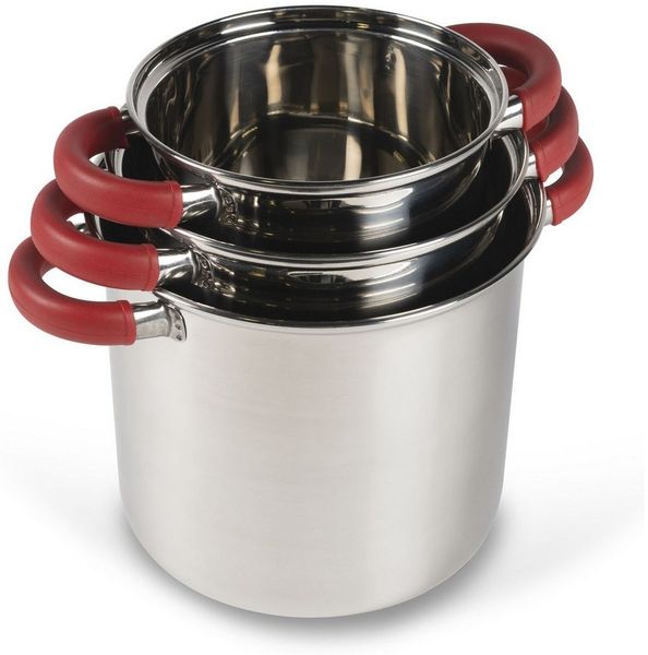 Kampa Dometic Topf-Set Space Saver Deluxe Cook Set, Edelstahl (3 Töpfe, 3 Deckel, 1 Sieb), stapelbar, hitzebeständige Griffe