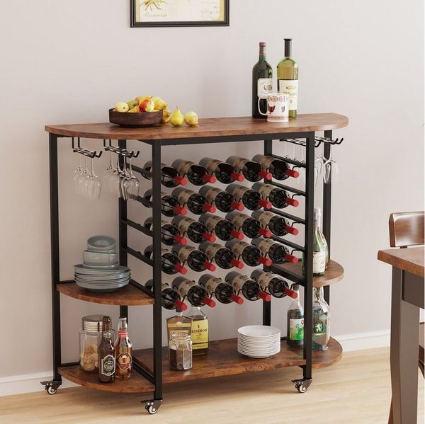 Dripex Weinregal Weinschrank auf Rollen für 25 Flaschen mit Glashalter und Tischplatte