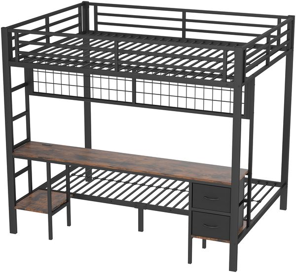 Hochbett 140x200 cm mit Schreibtisch, Stauraum, LED-Leiste, USB und Rausfallschutz, Metall/MDF, Schwarz, ohne Matratze Bild 8