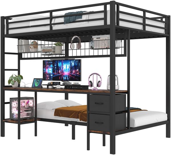 Hochbett 140x200 cm mit Schreibtisch, Stauraum, LED-Leiste, USB und Rausfallschutz, Metall/MDF, Schwarz, ohne Matratze Bild 7