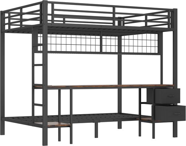 Hochbett 140x200 cm mit Schreibtisch, Stauraum, LED-Leiste, USB und Rausfallschutz, Metall/MDF, Schwarz, ohne Matratze Bild 6