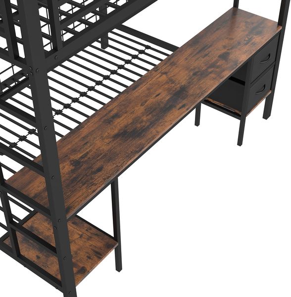 Hochbett 140x200 cm mit Schreibtisch, Stauraum, LED-Leiste, USB und Rausfallschutz, Metall/MDF, Schwarz, ohne Matratze Bild 9
