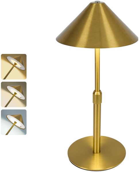 LuminexDesigns Tischlampe kabellos LED Akku Tischleuchte aus Metall – Höhenverstellbar, IP54 Wasserfest, 3000K–6000K, USB-C aufladbar für Schlafzimmer, Balkon, Outdoor & Deko, Gold
