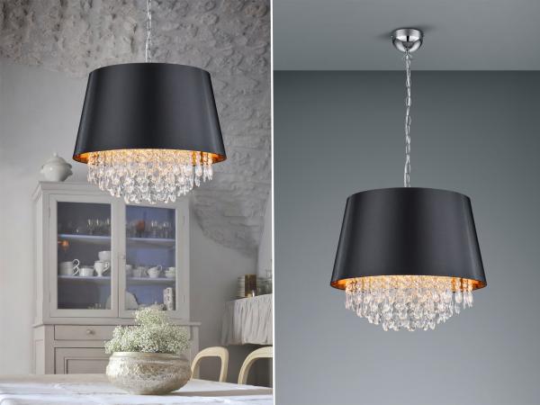 LED Pendelleuchte mit Stoffschirm Schwarz Gold & Kristall, Ø 50cm