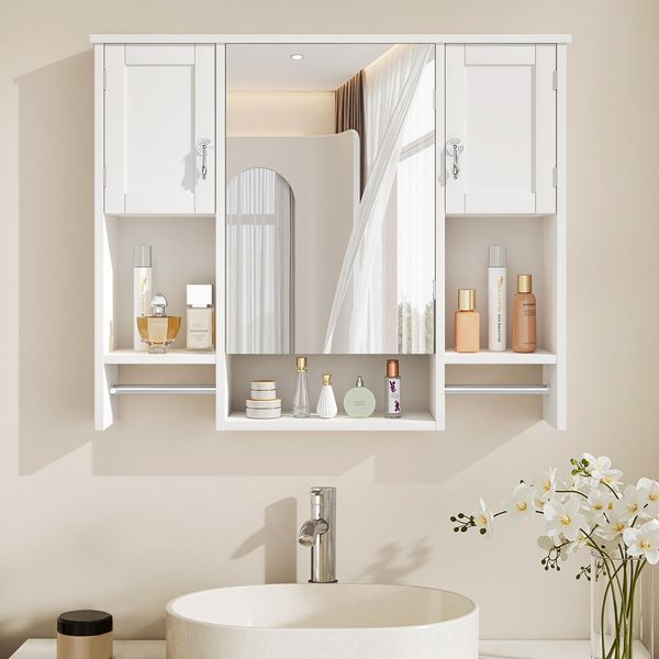 VECELO Spiegelschrank Bad, 18 × 89 × 73 cm, Wandmontierter Badschrank mit Verstellbare Ablagen, Offenen Fächern und 2 Handtuchhaltern, Badschrank für Badezimmer und Küche, Weiß