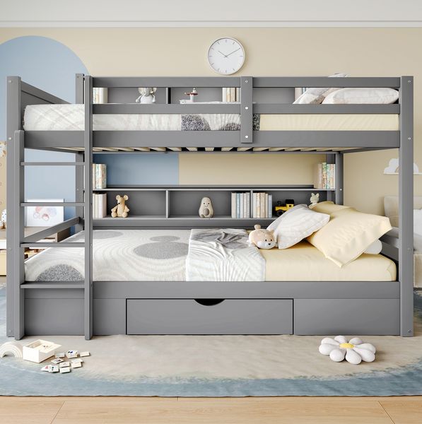 Bett 90x200 cm Etagenbett mit Schublade und Ablagen – Kiefernholz, grau, ohne Matratze