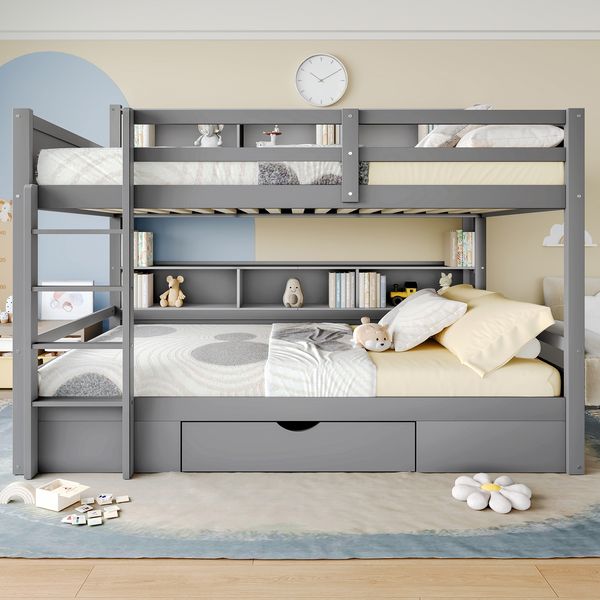 Bett 90x200 cm Etagenbett mit Schublade und Ablagen – Kiefernholz, grau, ohne Matratze