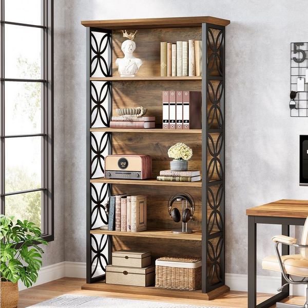 Tribesigns Bücherregal 180cm industrielles Standregal mit 6 Ebenen offene Aufbewahrungsregale, für Büro, Wohnzimmer, Arbeitszimmer, vintagebraun-tintenschwarz Bild 2