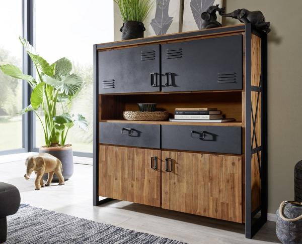 Highboard 141x150cm 'Montreux' Akazie & Metall schwarz