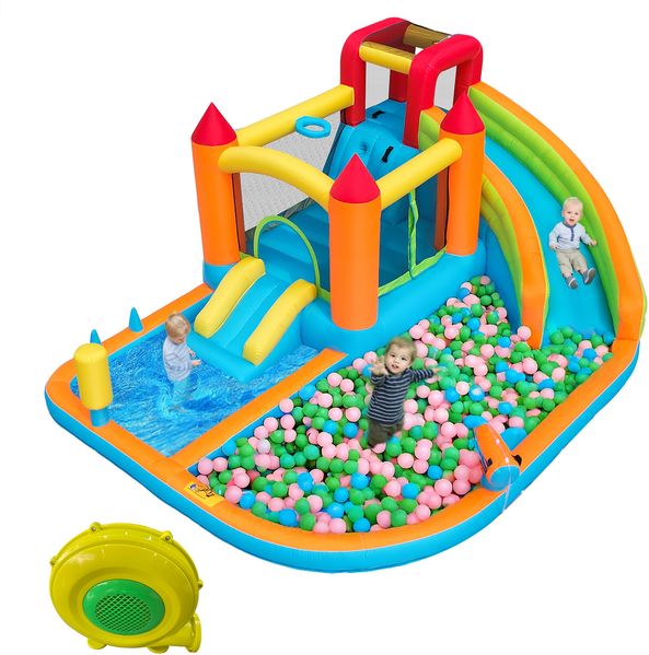 [Multifunktionale Outdoor-Hüpfburg] Mit Gebläse, Wasserrutsche + Trampolin + Basketballkorb + Wasserpistole, 2 Poolbereiche, 1 große und 1 kleine Rutsche, für trockene und nasse Nutzung, ein Wasserpar