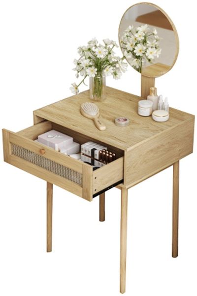 MODFU Schminktisch Kosmetiktisch, Schminktisch,mit Spiegel (Kompakter Rattan Schminktisch mit Spiegel, Bohemian Design, 2 geräumige Schubladen, multifunktional für Schlafzimmer & kleine Räume, langlebige Holzstruktur)