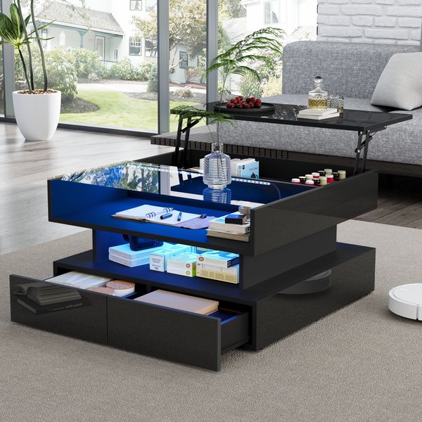Couchtisch 80x80x45 cm in Schwarz mit Hochglanz, Glasplatte, hydraulischer Hebefunktion, LED und 2 Schubladen