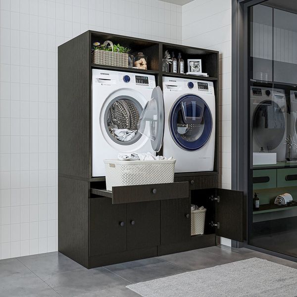 Roomart Waschmaschinenumbauschrank Doppelschrank mit Schrankaufsatz 134 cm, 184 cm hoch, 3 Farben (Waschmaschinenschrank Trocknerschrank Waschturm) Bodenplatte, Schrankaufsatz, Wandbefestigung, 130kg Belastbarkeit