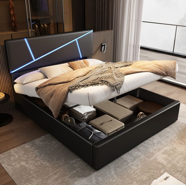 Polsterbett 140x200 cm mit LED-Beleuchtung, Stauraum und PU-Bezug