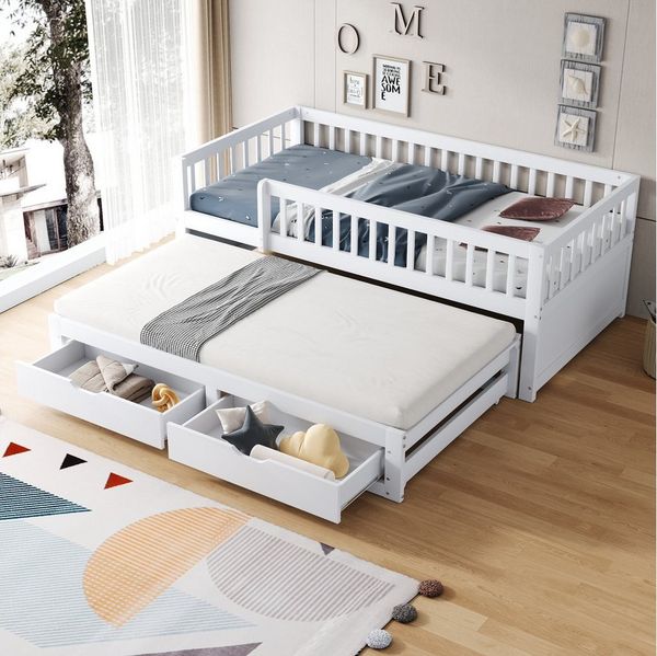Flieks Kinderbett, Holzbett Daybett 90x200cm mit Ausziehbett 90x190cm und 2 Schubladen