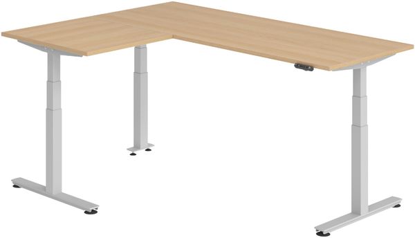 bümö Eckschreibtisch elektrisch höhenverstellbar L-Form: 200x160 cm in Eiche, Gestell silber - Stehschreibtisch mit Memory-Steuerung, elektrischer XXL Schreibtisch für die Ecke, XDSMW-2008-E-S